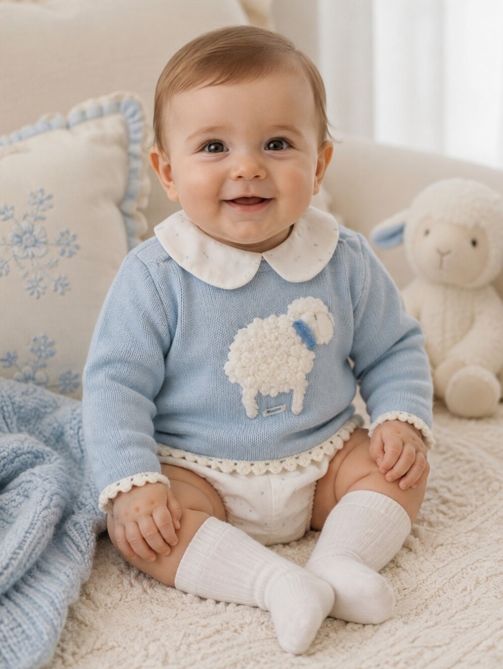 Foque Baby Blue Knit Sheep Sweater Set with Bloomers